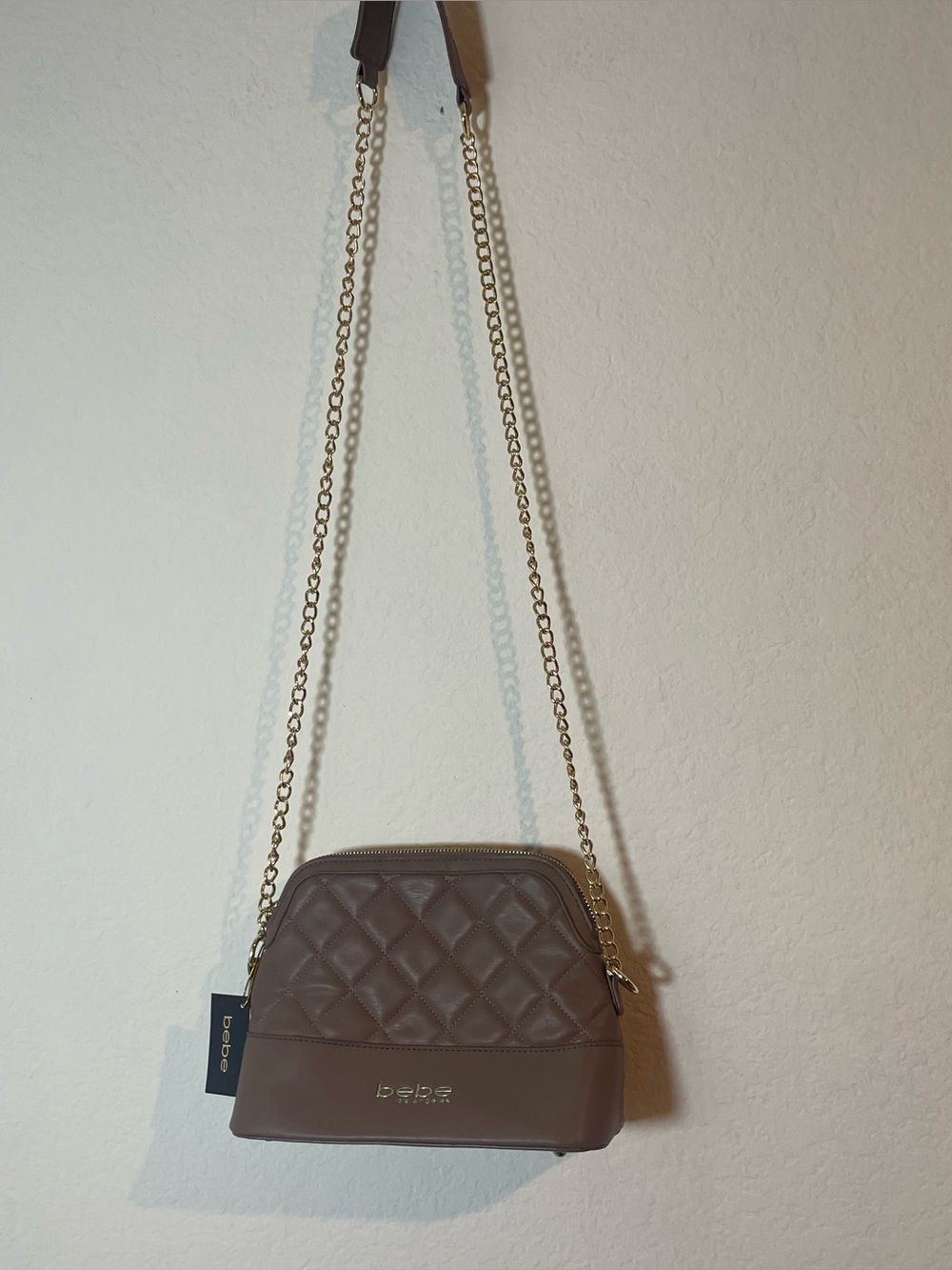 bebe Quilted Crossbody Bag in Taupe with Gold Chain